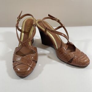 Womens Size 6 Ralph Lauren Brown Slingback Closed Toe Wedge Heel Snakeskin